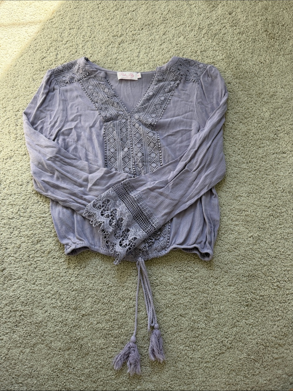 Pink Lily Lavender Crochet-Trim Boho Blouse NEVER WORN JUST TOOK TAG OFF